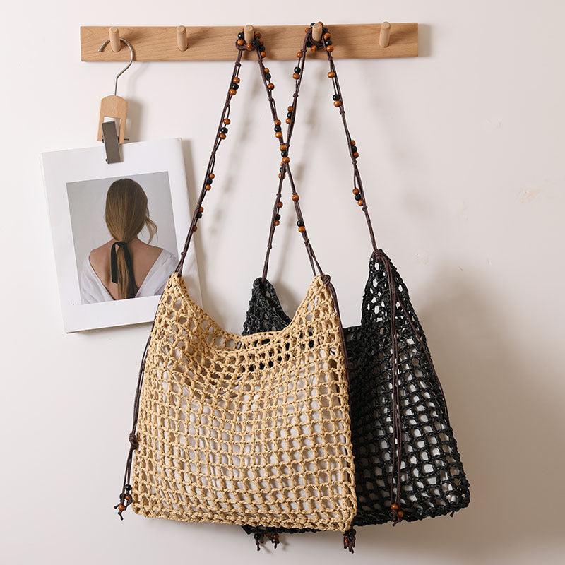 Summer Straw Woven Bag With Lace Up Pattern Suitable For Women Beach Vacation Beach Bag