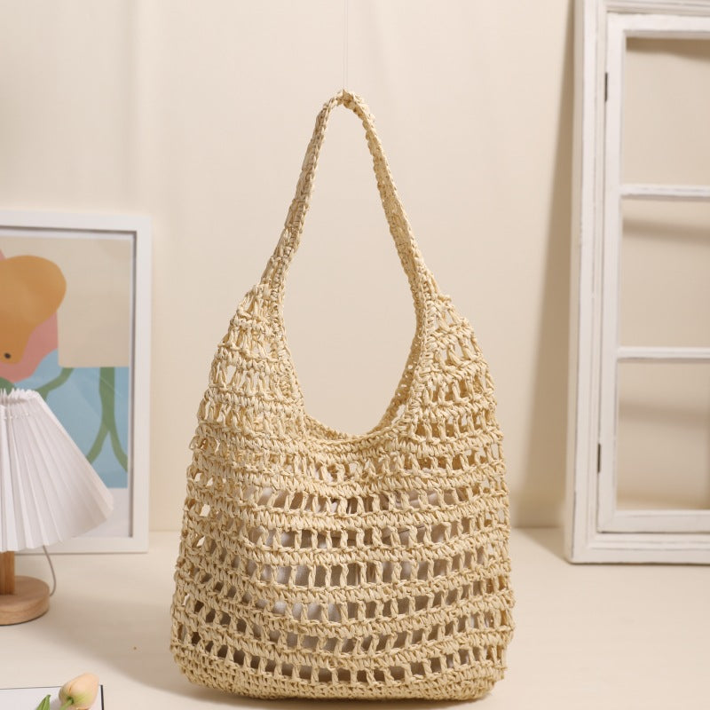 French Large Capacity Shoulder Straw Bag Hollow Out Cutout Tote Portable Straw Bag Woven Bag Seaside Vacation Beach Bag Bella Mia