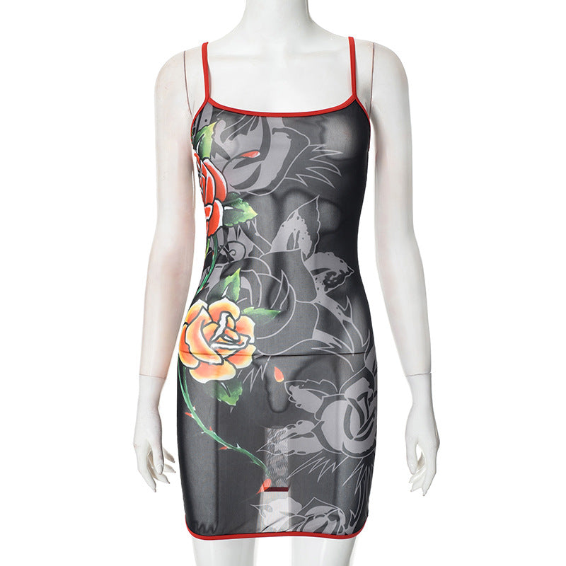 Women Clothing Spring Summer Sling round Neck Floral Mesh See through Printed Sheath Dress Bella Mia