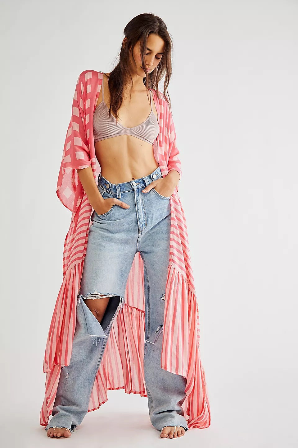 Rayon Plaid Vertical Print Cardigan Holiday Casual Beach Bikini Cover Attached Rope Bella Mia