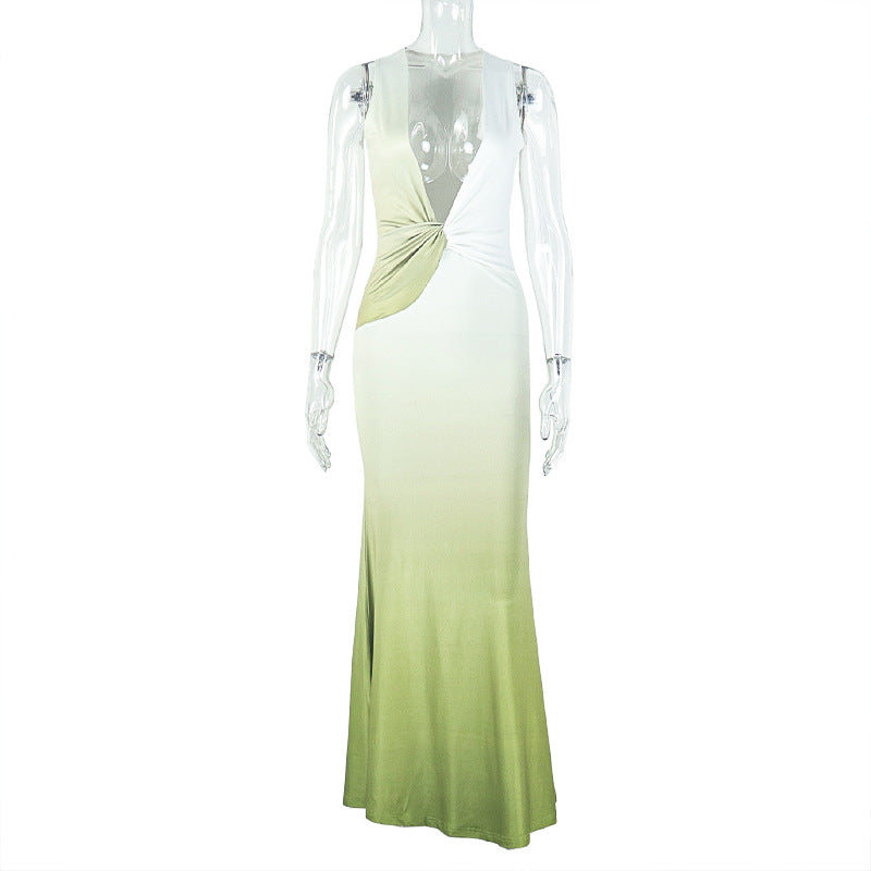 Design Slim Women Clothing Gradient Color Tight Sexy Deep V Plunge neck Sleeveless Dress Bella Mia