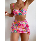 Floral Print Sexy Gather Backless Women Split Three Piece Bikini Swimsuit Bella Mia