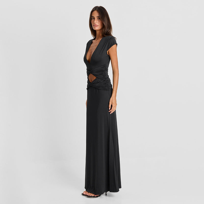 Women Clothing Autumn Solid Color Casual Short Sleeve Hollow Out Cutout Out Deep V Bare Cropped Slim Fit Maxi Dress