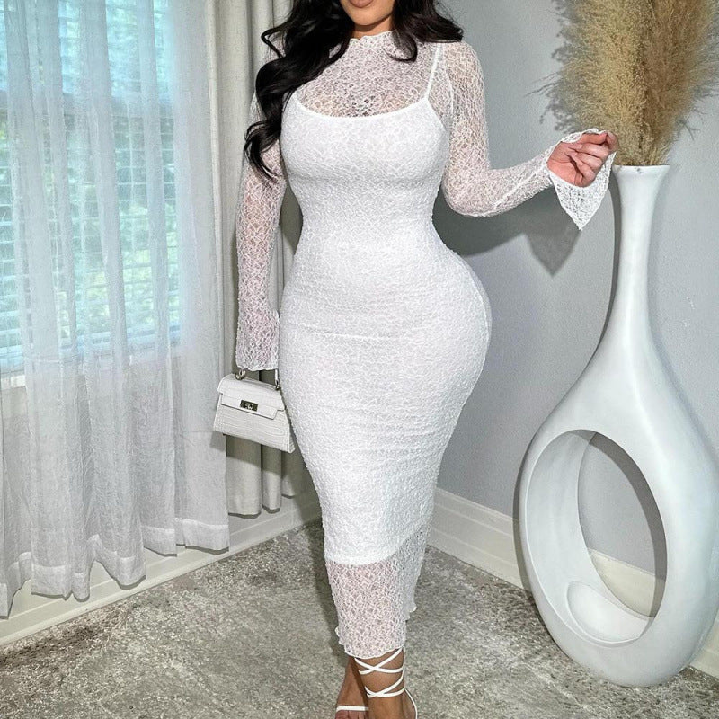 Women Clothing Summer Sexy Slim Fit Lace See through Long Sleeve Dress
