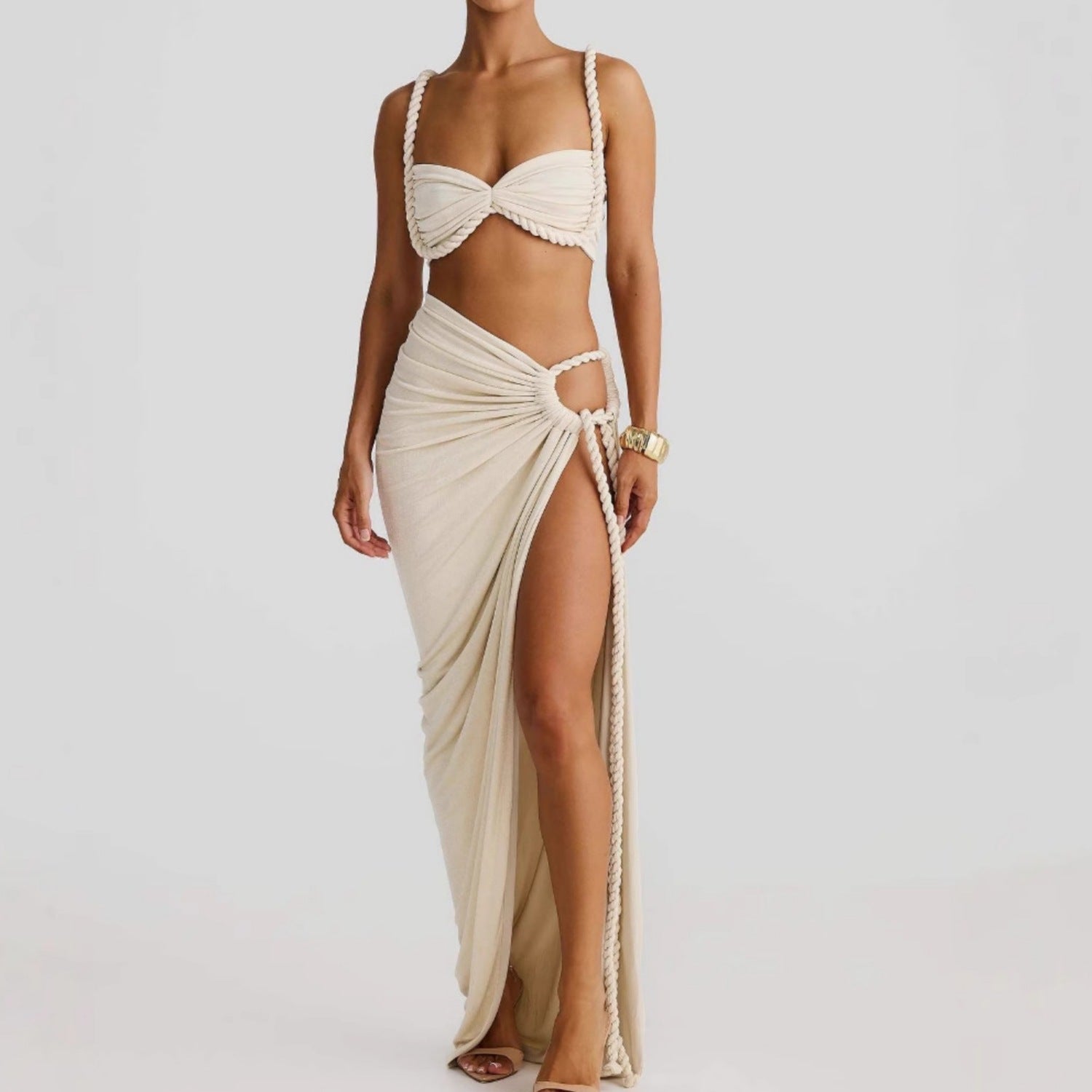 Summer Sexy Beach Vacation Swimsuit Woven Halter Top Top Split Skirt Set Bella Mia