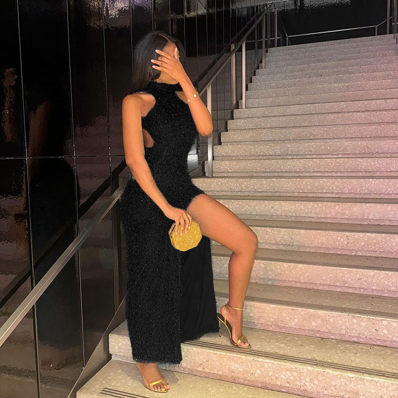 Halter Fur Texture Split Backless Dress Women Sexy Slim Fit Hip Bella Mia