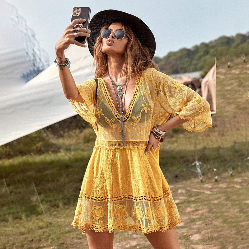 Lace Patchwork Embroidered Beach Blouse Sexy Seaside Vacation Sun Protection Shirt Beach Cover Up Bella Mia
