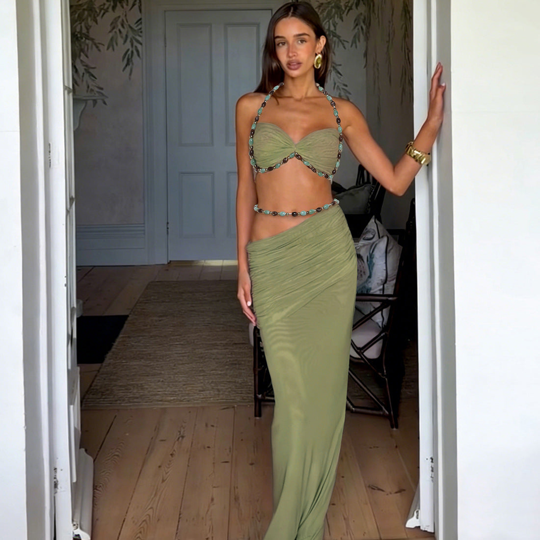 Spring Women Clothing Solid Color Sleeveless Halter Small Sling High Waist Sexy Hip Bag Slim Skirt Two Piece Sets Bella Mia