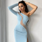 Sexy Women Clothing Diagonal Collar Single Sleeve Dress Women Mesh Stitching Sexy Slit Midi Dress Women Bella Mia