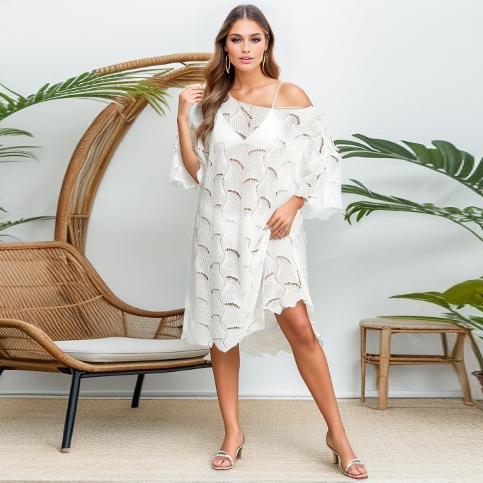 Summer Holiday Dress Sexy off-Neck Hollow Out Cutout-out Knitted Swimsuit Sun Protection Blouse for Women Crochet hook Crochet hook Crochet hook Bella Mia