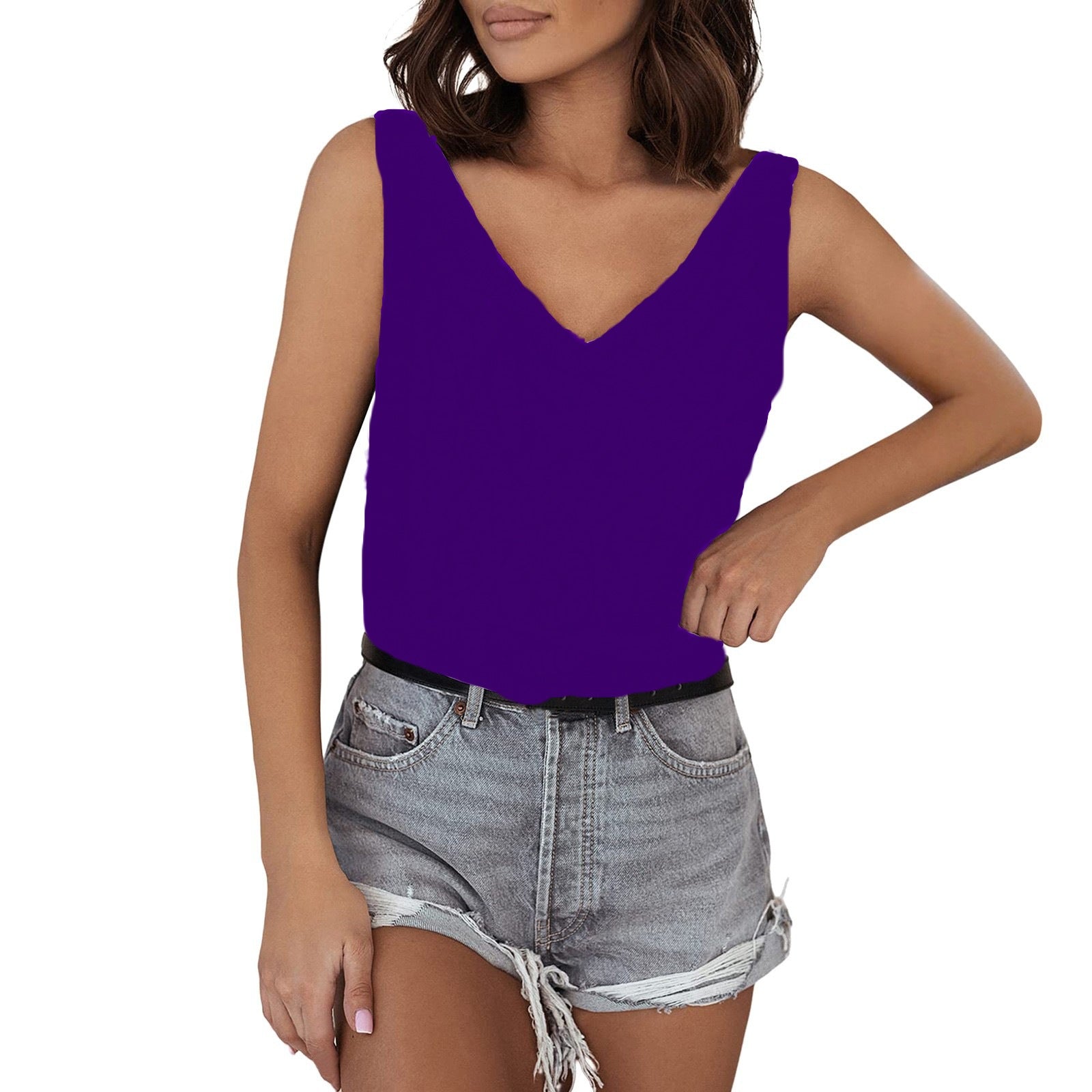 Solid Color Satin Vest V neck Casual Camisole Sleeveless Shirt Summer Basic Bella Mia