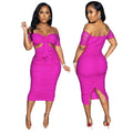 Women Clothing Nightclub Uniforms Mesh Pleats Split off-Shoulder Sexy Dress Bella Mia