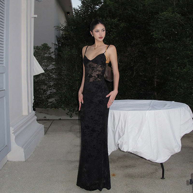 Spring Summer Women Mesh Sexy See through V neck Backless Slim Fit Sling Dress Bella Mia
