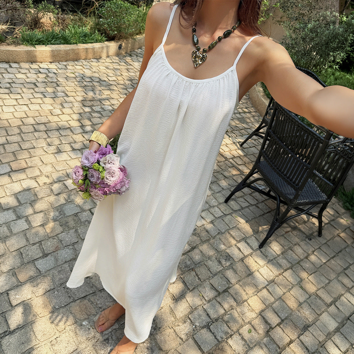 Women Clothing Summer French Vacation White Texture Pleated Dress
