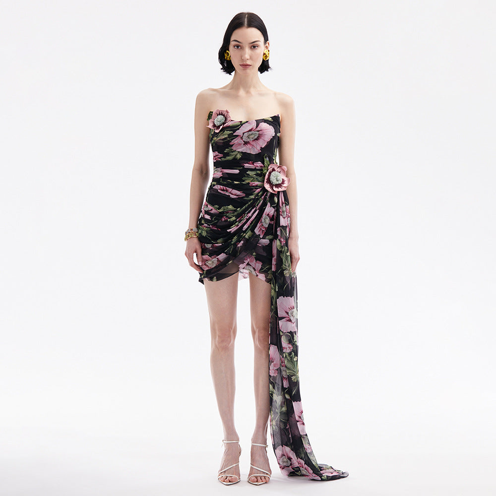 Spring Summer Printing Three Dimensional Embroidered Tube Top Dress Mesh Design Bella Mia
