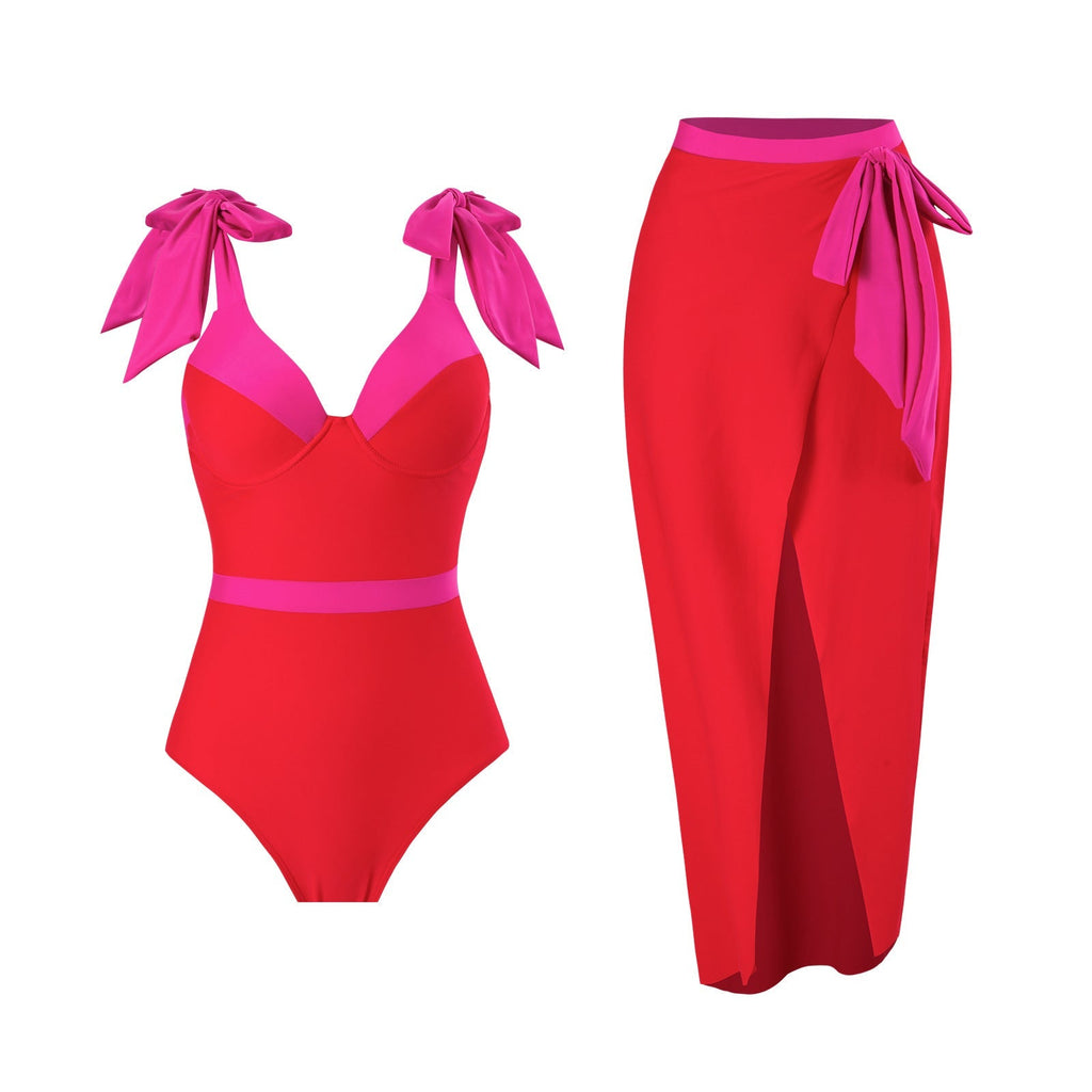 Solid Color One Piece Women Swimwear Suit European, French Spring Cover Belly Slimming Swimsuit Bella Mia