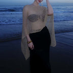 Pure Hollow Out Cutout out Gold Knitted Blouse Bikini Four Piece Suit Elegant Beautiful Vacation Maxi Dress Swimsuit Women Bella Mia