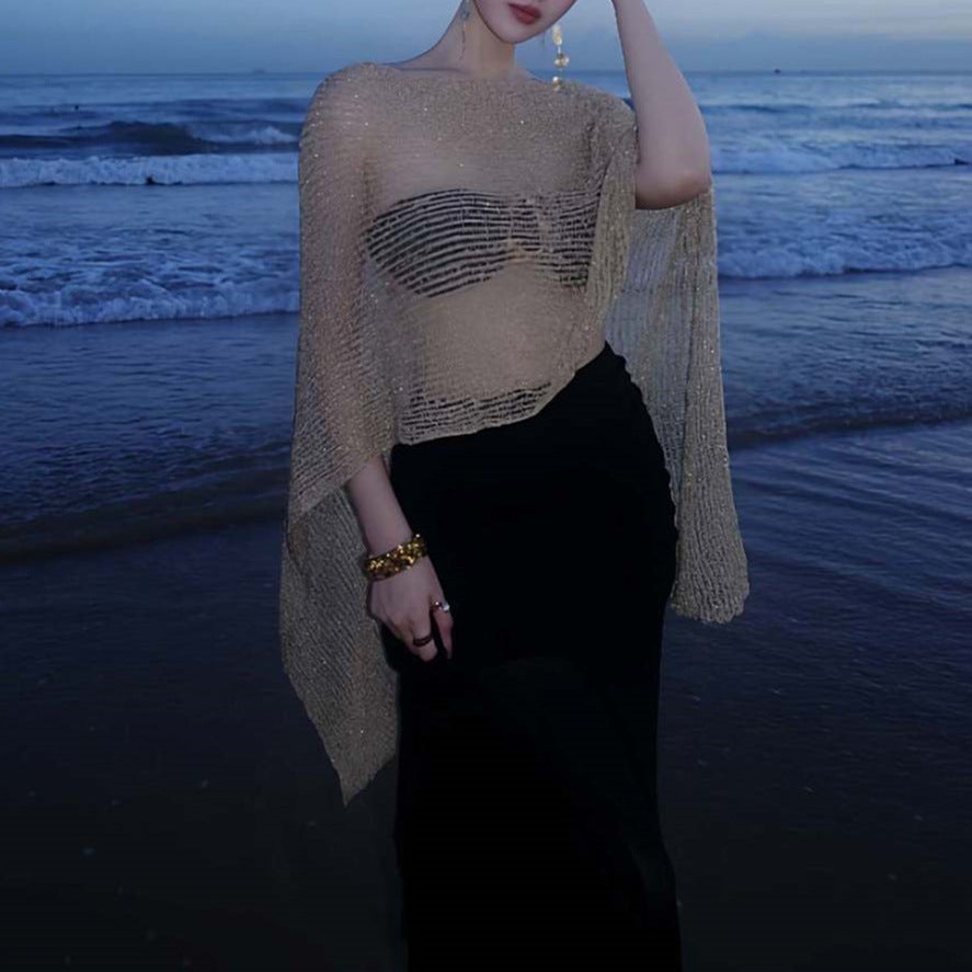 Pure Hollow Out Cutout out Gold Knitted Blouse Bikini Four Piece Suit Elegant Beautiful Vacation Maxi Dress Swimsuit Women Bella Mia