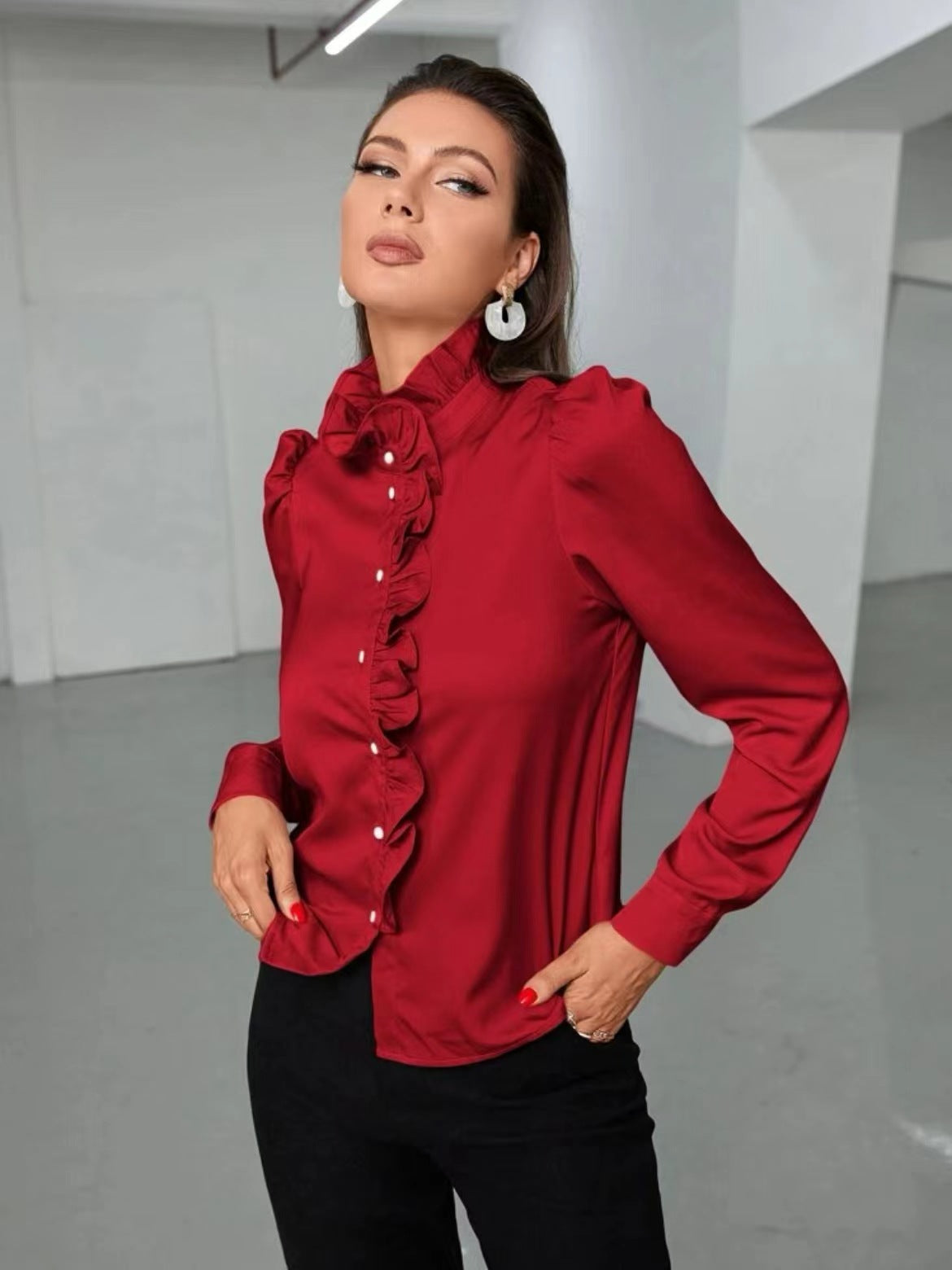 Women Shirt Autumn High Grade Acetate Fabric Shirt Half Sleeve Ruffled Straight Women Top Bella Mia