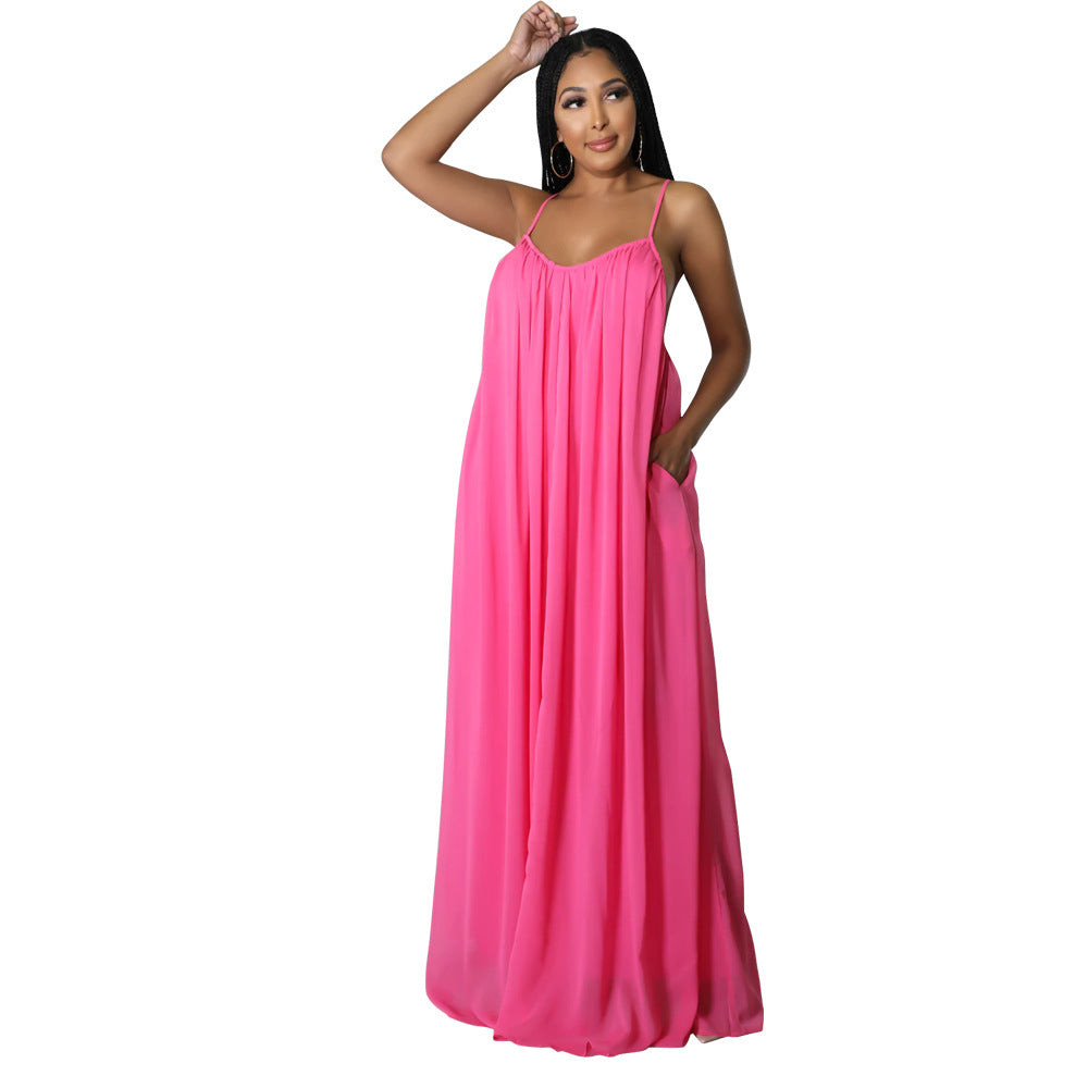 Women Chiffon Solid Color Casual Backless Cami Dress