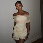Women Clothing Ruffle Hip Ruffled Mesh Outerwear Strapless Dress Slim Dress Bella Mia