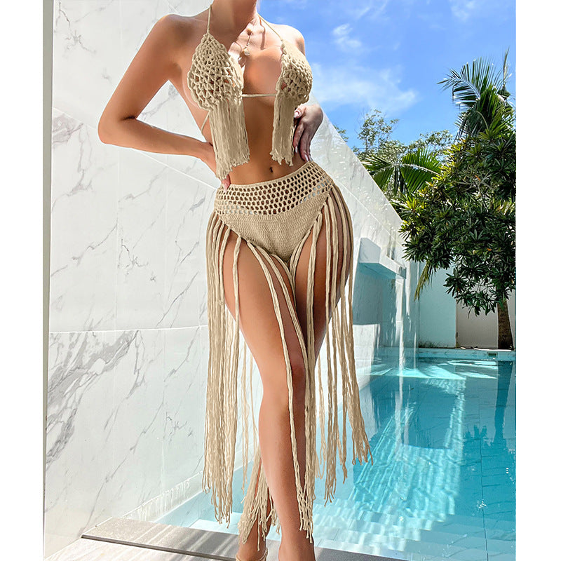Beach Tourism Hand Crocheting Three Dimensional Floral Tassel Beach Sexy Open Back Swimsuit Bikini Set Crochet hook Bella Mia