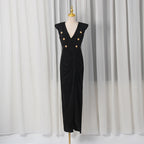 Spring V neck Sleeveless Design Split Dress Tight Waist Slimming Metal Decorative Dress Women Bella Mia
