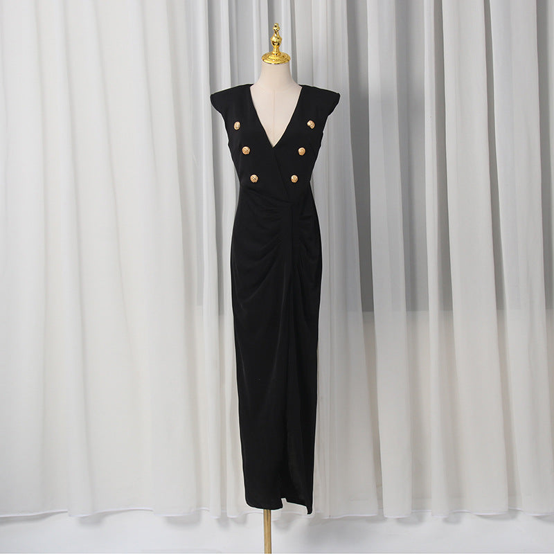 Spring V neck Sleeveless Design Split Dress Tight Waist Slimming Metal Decorative Dress Women Bella Mia