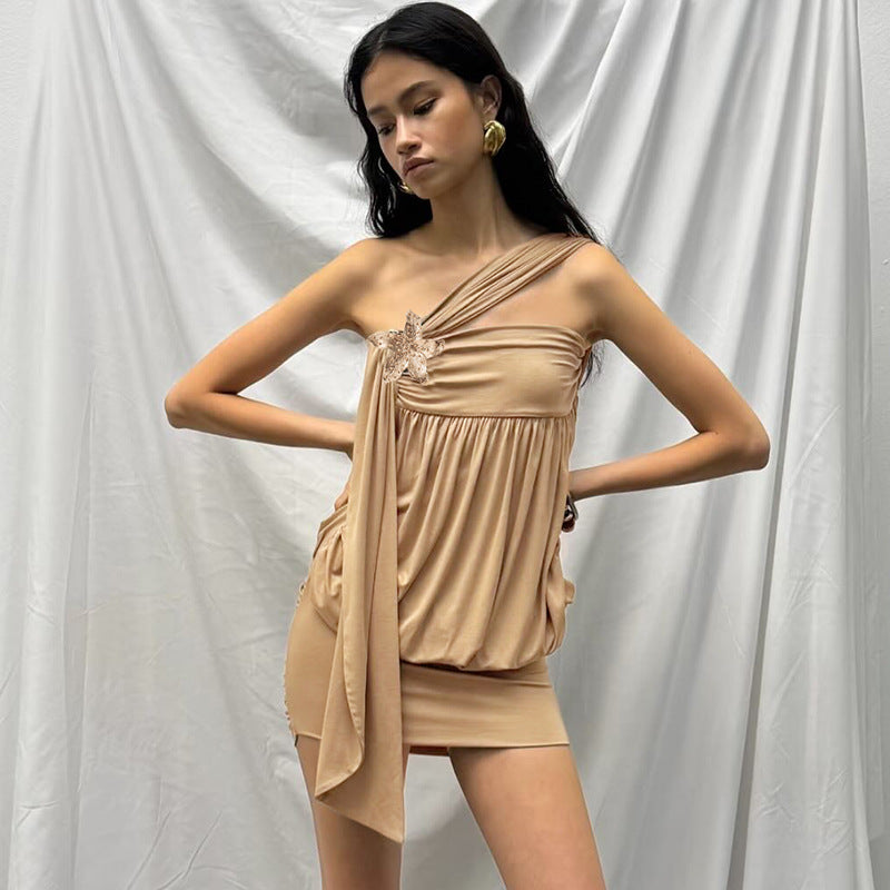 Women Clothing Summer Sexy Solid Color Oblique Shoulder Floral Chest Cover Hip Dress Bella Mia