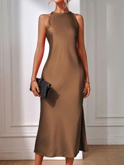 Satin Dress Women Clothing Spring Summer Sleeveless Split Satin Imitation Silk Maxi Dress Bella Mia
