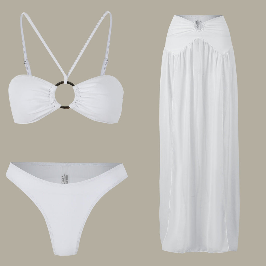 Tube Top Bikini Skirt Three Piece Set Pure White Split Swimsuit Women Suit Bella Mia