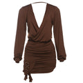 Spring Women Clothing Sexy Deep V Plunge neck Backless Solid Color Ruffle Hip Dress Women Bella Mia