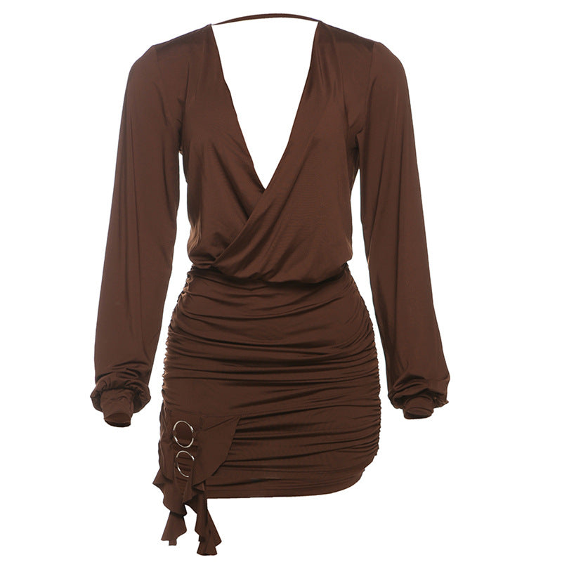 Spring Women Clothing Sexy Deep V Plunge neck Backless Solid Color Ruffle Hip Dress Women Bella Mia