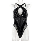 Faux Leather Reflectorized Paint Leather Stitching Sexy V neck Sexy Jumpsuit Bella Mia