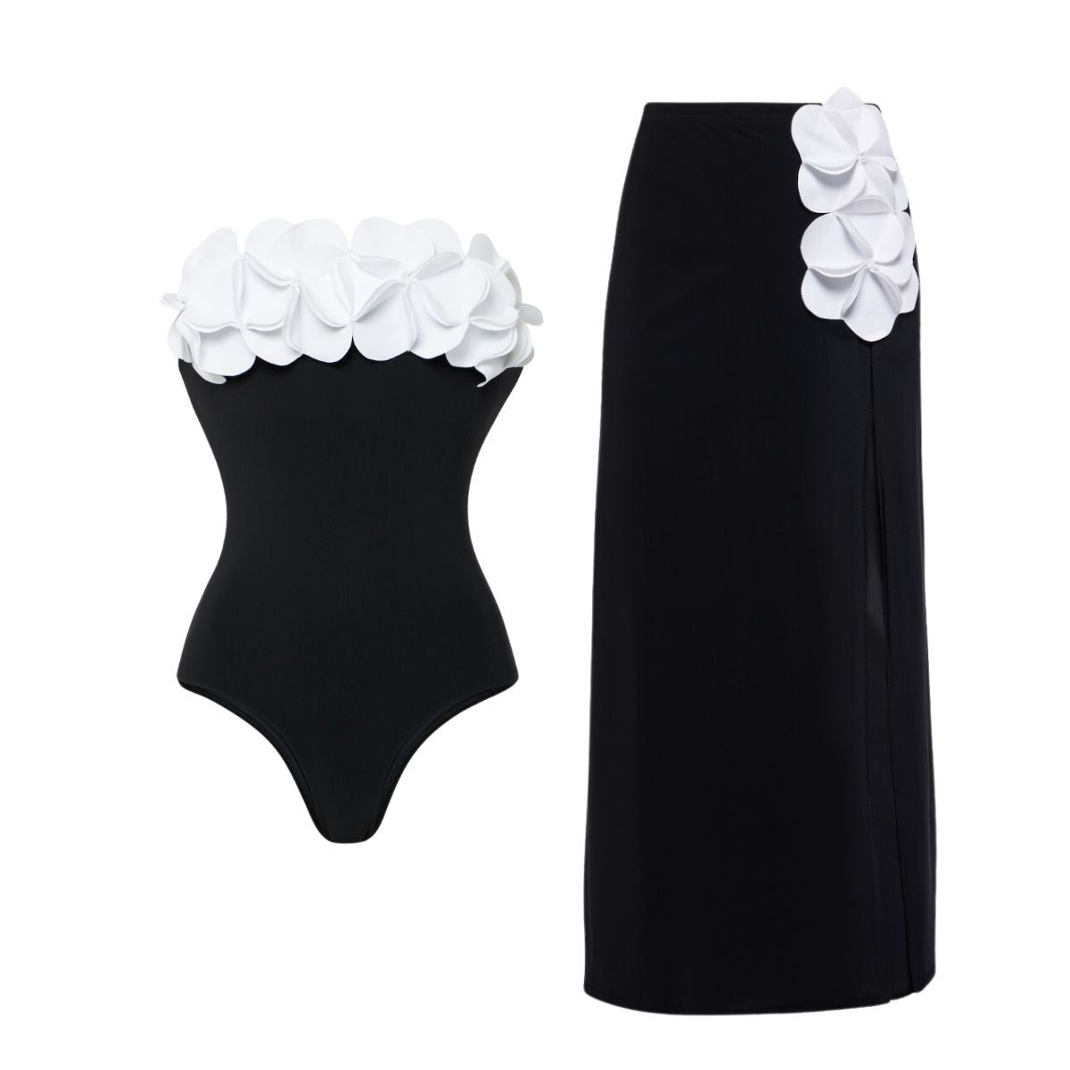 Black White Contrast Color Minimalist Floral Decoration Oblique Shoulder One Piece Swimsuit Women Clothing Bella Mia