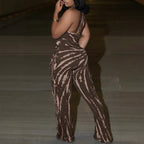 Elegant Sexy Slim Fit Stretch Backless Tassel Printed Halter Strap Micro Pull Jumpsuit Bella Mia