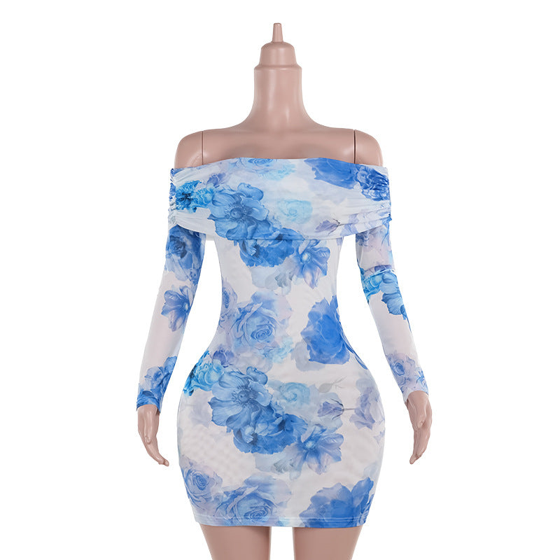 Autumn Type Hip Socialite Elegant Sexy Slim Printed Long Sleeve Dress Women Bella Mia