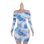 Autumn Type Hip Socialite Elegant Sexy Slim Printed Long Sleeve Dress Women Bella Mia