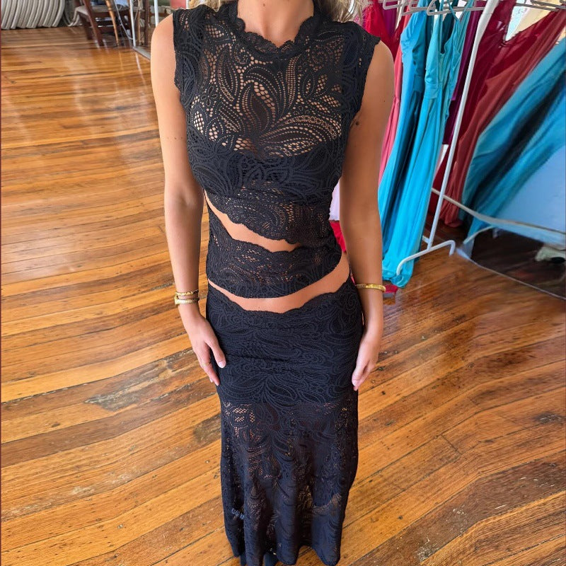 Women Clothing Summer Sexy Lace Hollow Out Cutout Top See through Hip Skirt Set Women Bella Mia