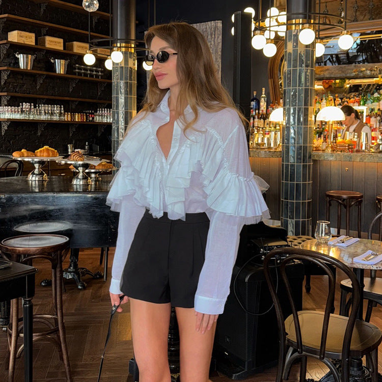 French Design Ruffled White Shirt Women Autumn Polo Collar Long Sleeve Office All Match Top Bella Mia