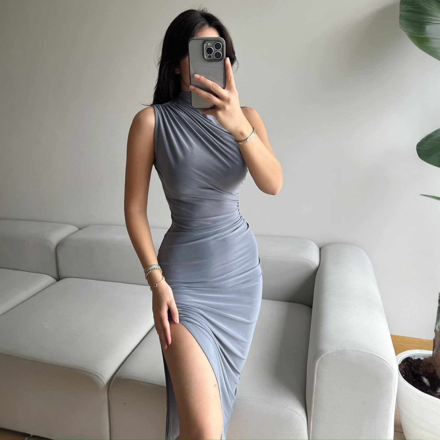Summer Solid Color Split High Waist Slim Sexy Sleeveless Long Women Clothing Dress Bella Mia
