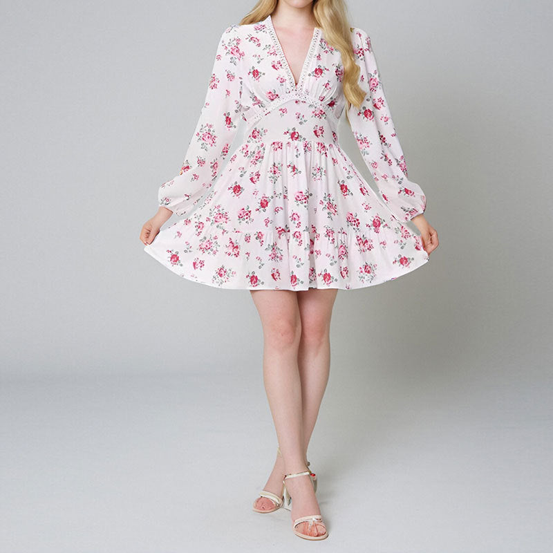 Spring Women Clothing Sweet Elegance Printed V neck Lace Waist Trimming Short Dress Bella Mia