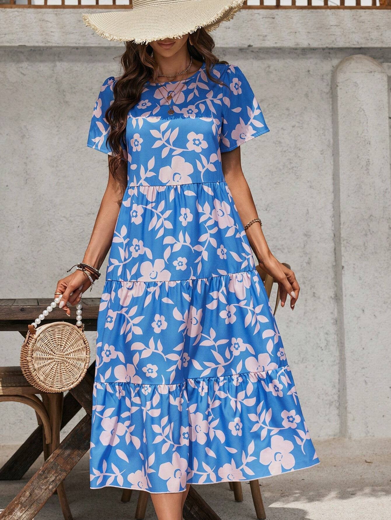 Elegant Ladies Large Floral Multi Layer Ruffled Patchwork Length Dress