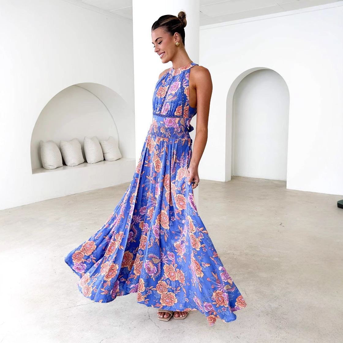 Printed Halter Beach Bohemian High Waist Backless Floral Dress Women Clothing Bella Mia