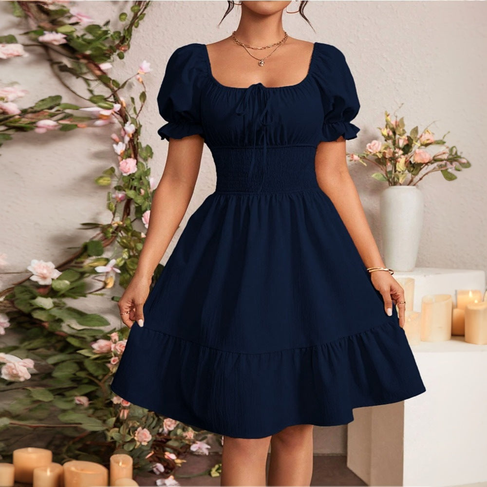 Elegant Gentle Square Collar Backless Solid Color Design Mid Length Dress Bella Mia