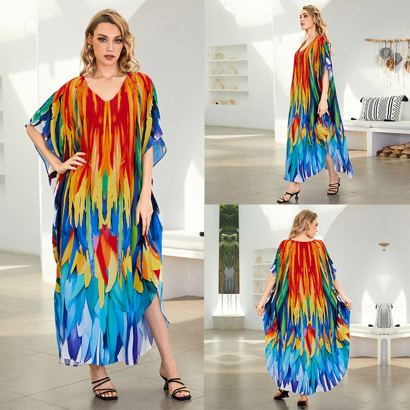 Rayon Printed Loose plus Size Robe Beach Cover up Vacation Maxi Dress Sun Protection Shirt Women Bella Mia