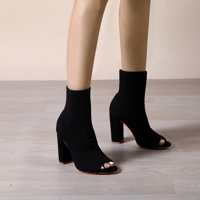 Women Shoes Street Date Knitted Peep Toe round Head Chunky Heel Women High Heel Sandals Bella Mia