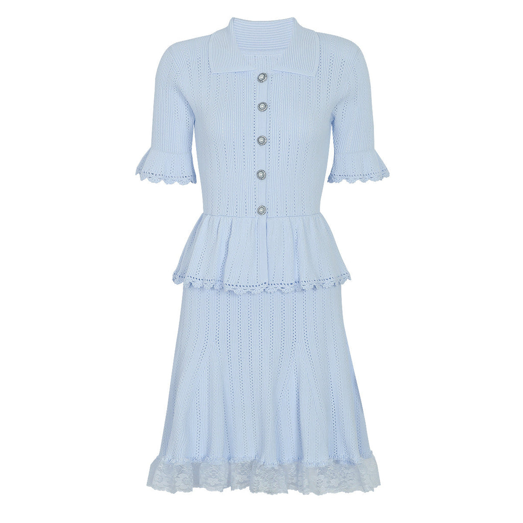 Summer Celebrity Internet Slim Fitting Slimming Fashionable Short Sleeve Collared Lace Dress