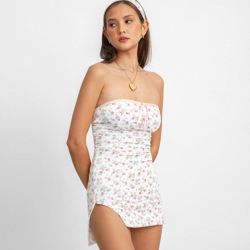 Women Clothing Fresh Sweet Sexy Wrapped Chest Sheath Tied Back All Match Floral Dress Bella Mia