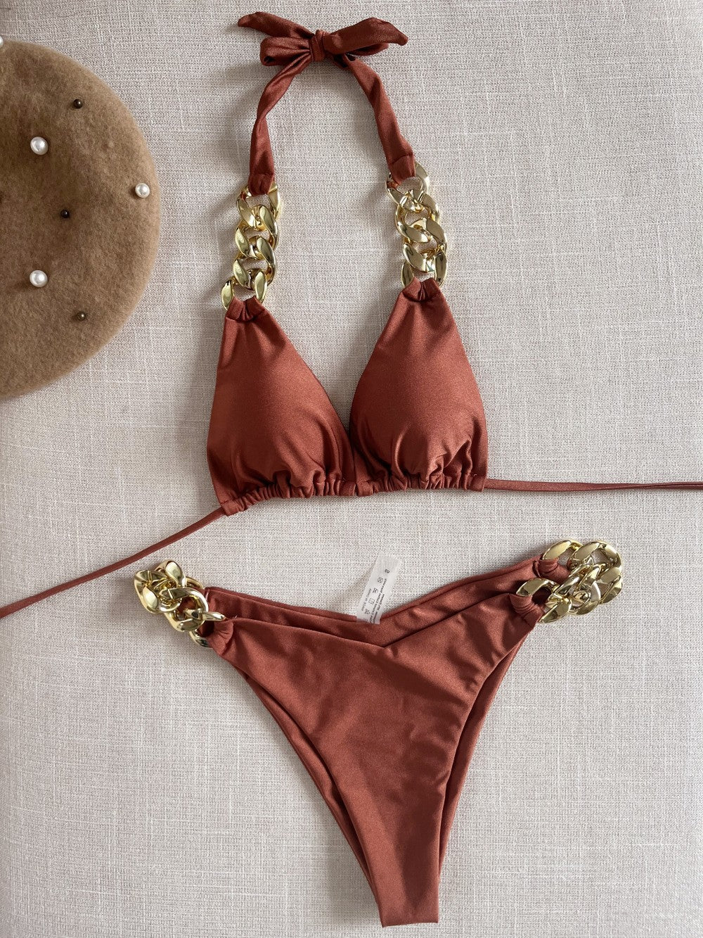 Bikini Sexy Swimsuit Big Gold Chain Accessories Strap Solid Color Split Swimsuit Bella Mia
